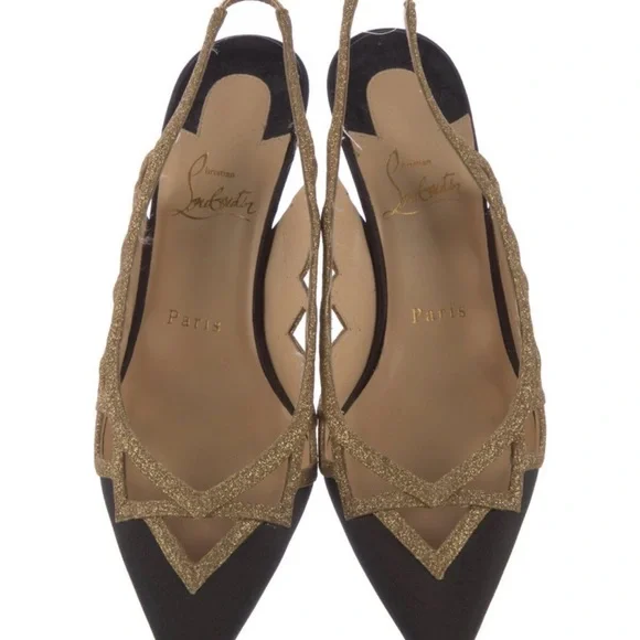Christian Louboutin black/gold Glitter Patterned Slingback Pumps - Picture 3 of 5